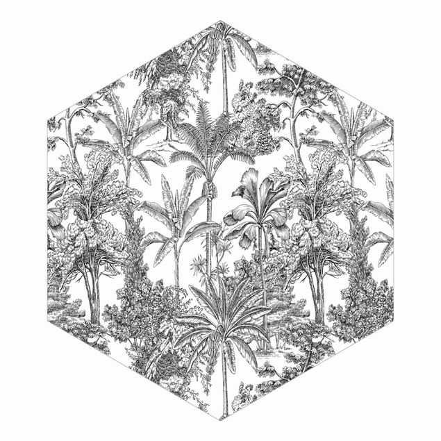 Adhesive wallpaper Copper Engraving Impression - Tropical Palm Trees
