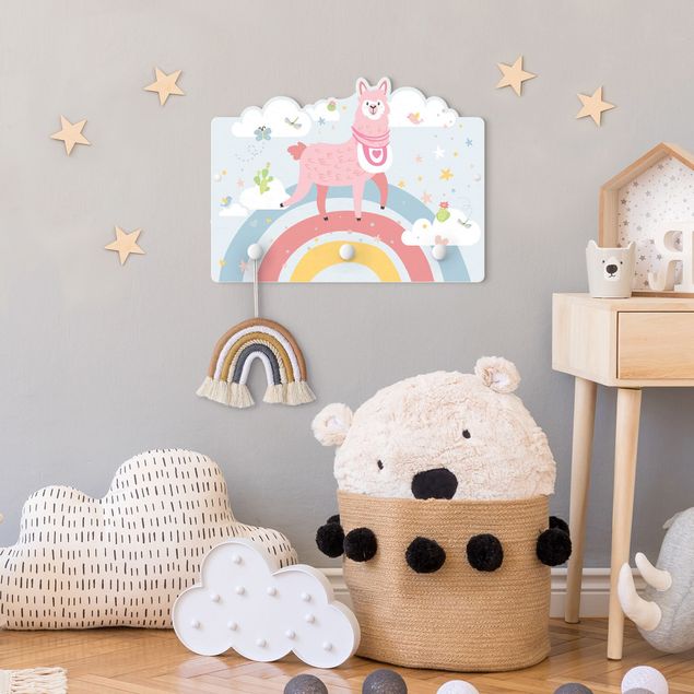 Wall mounted coat rack animals Lama On Rainbow With Stars And Dots