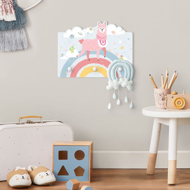 Wall mounted coat rack multicoloured Lama On Rainbow With Stars And Dots