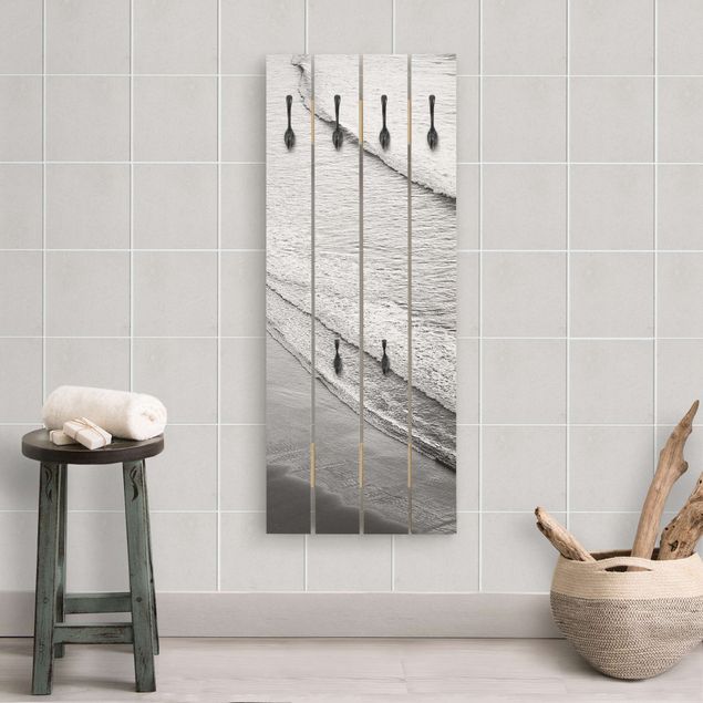 Wall mounted coat rack landscape Soft Waves On The Beach Black And White