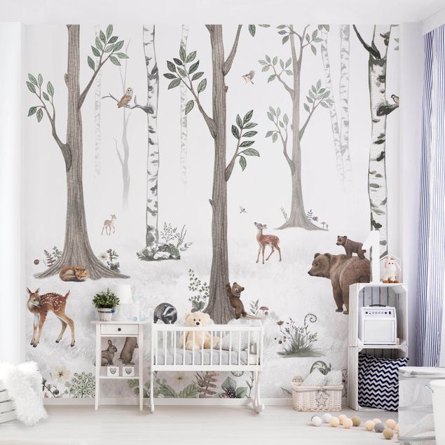 Nursery decoration Silent white forest with animals