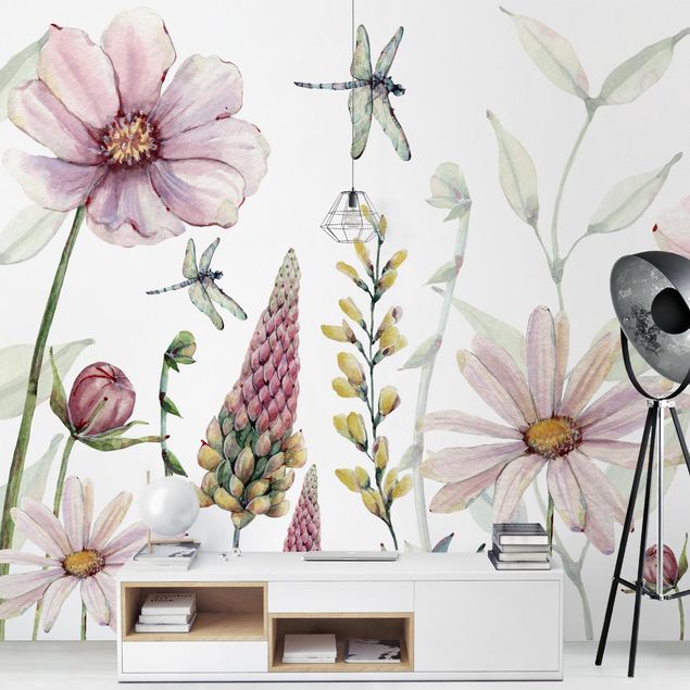 Modern wallpaper designs Dragonflies in a flower rush