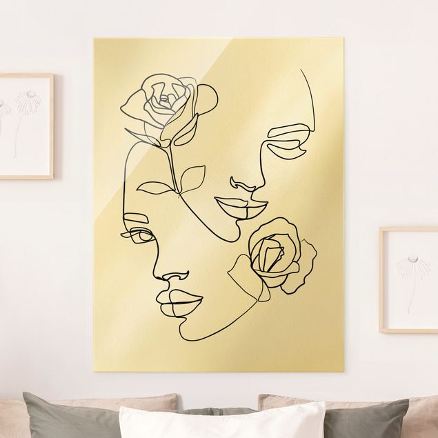 Glass prints rose Line Art Faces Women Roses Black And White