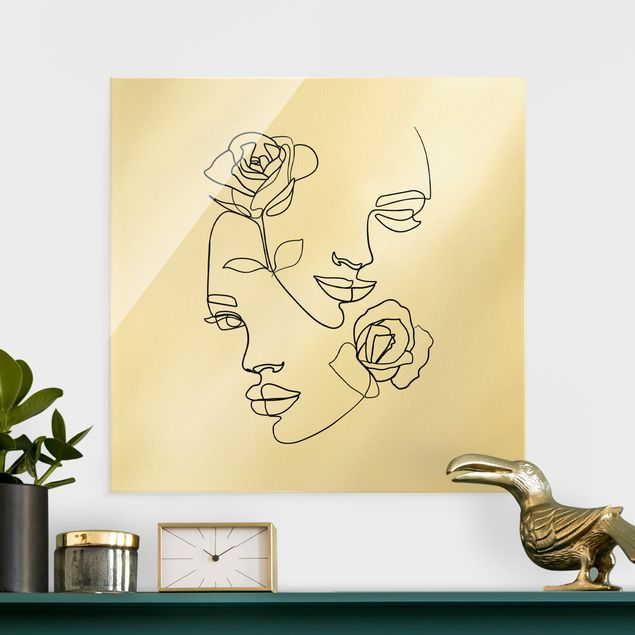 Glass prints rose Line Art Faces Women Roses Black And White