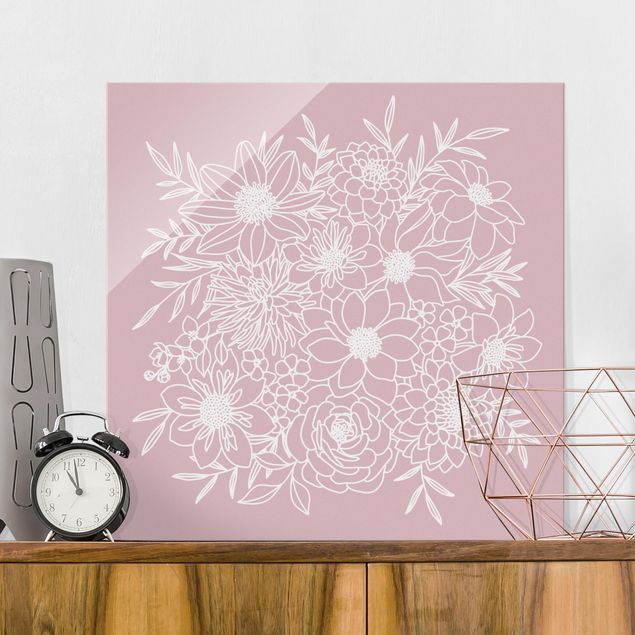 Glass prints flower Lineart Flowers In Dusky Pink