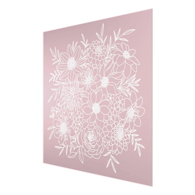 Glas Magnetboard Lineart Flowers In Dusky Pink