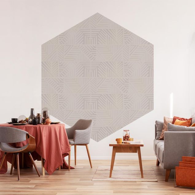 Hexagonal wall mural Line Pattern Stamp In Taupe