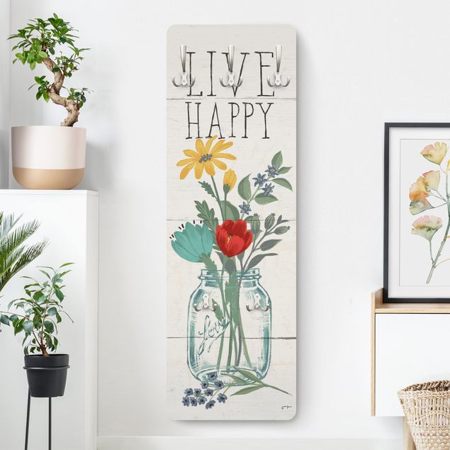 Wall mounted coat rack flower Live Happy - Flower vase on wood
