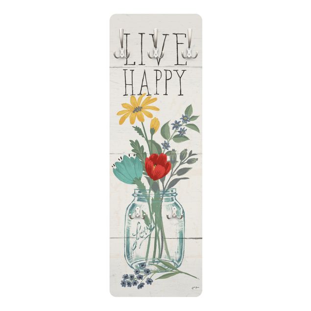 Wall coat hanger Live Happy - Flower vase on wood