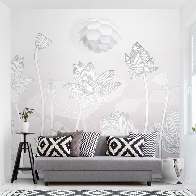 Contemporary wallpaper Lotus Illustration Silver And Violet