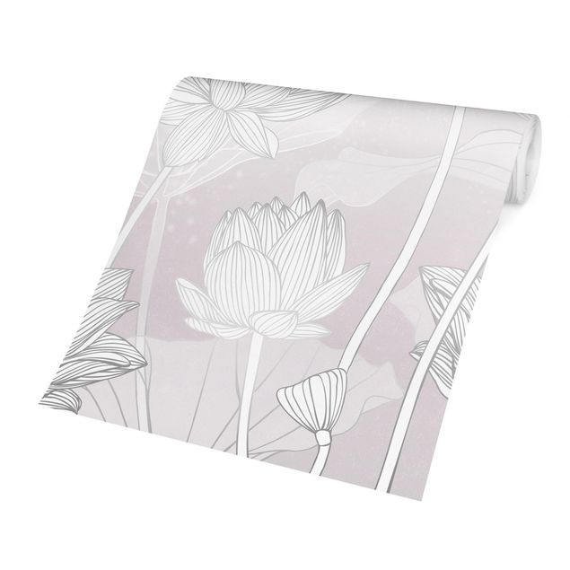 Peel and stick wallpaper Lotus Illustration Silver And Violet