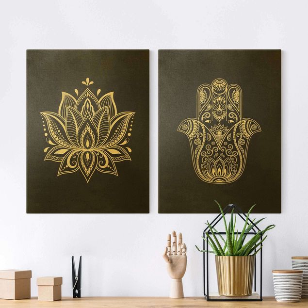 Modern art prints Lotus Illustration And Hamsa Hand Set