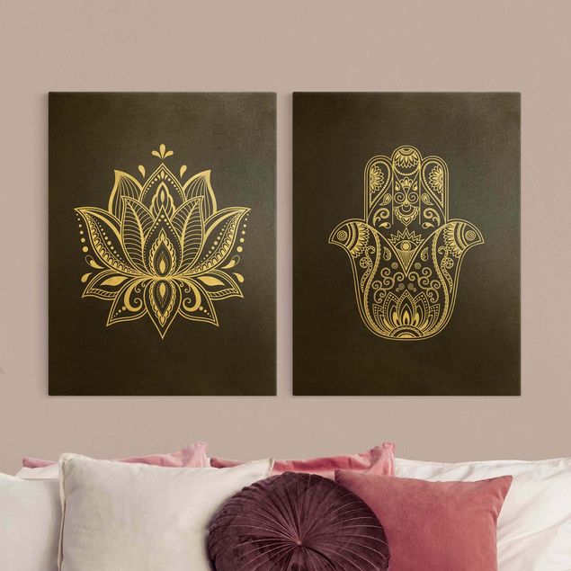 Black prints Lotus Illustration And Hamsa Hand Set