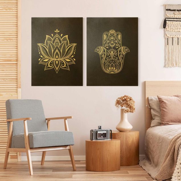 Spiritual canvas Lotus Illustration And Hamsa Hand Set