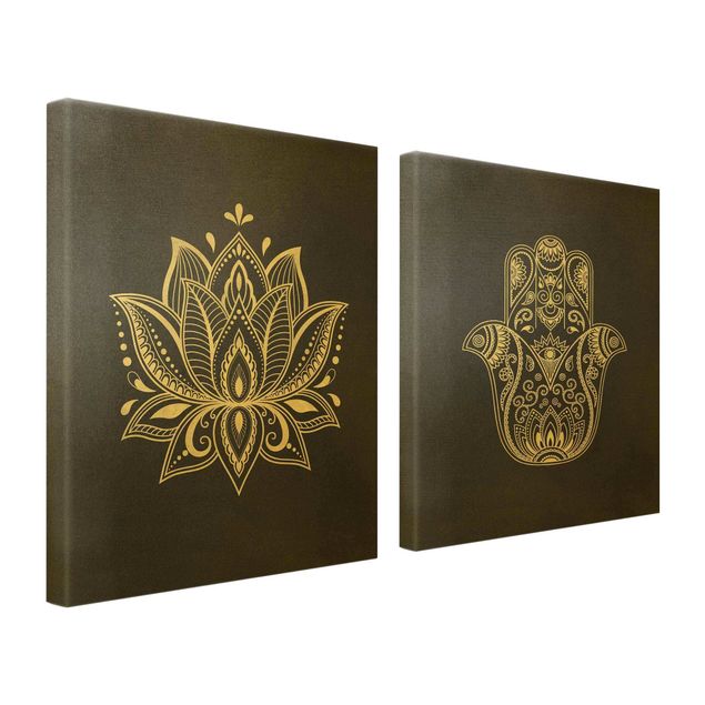 Canvas prints Lotus Illustration And Hamsa Hand Set