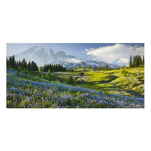 Landscape canvas prints Mountain Meadow With Blue Flowers in Front of Mt. Rainier