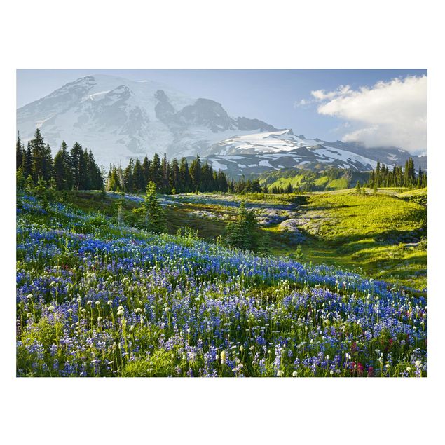 Landscape canvas prints Mountain Meadow With Blue Flowers in Front of Mt. Rainier