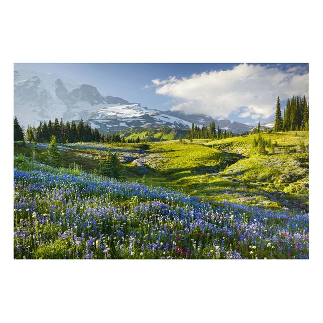 Mountain art prints Mountain Meadow With Blue Flowers in Front of Mt. Rainier