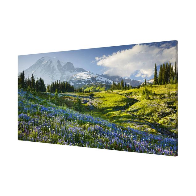Mountain art prints Mountain Meadow With Blue Flowers in Front of Mt. Rainier