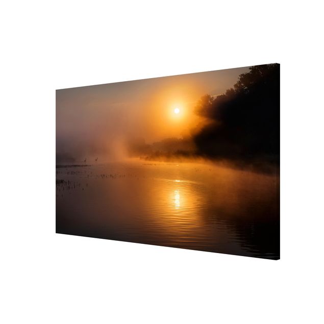 Contemporary art prints Sunrise on the lake with deers in the fog