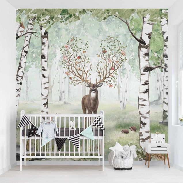 Modern wallpaper designs Majestic deer in the birch forest