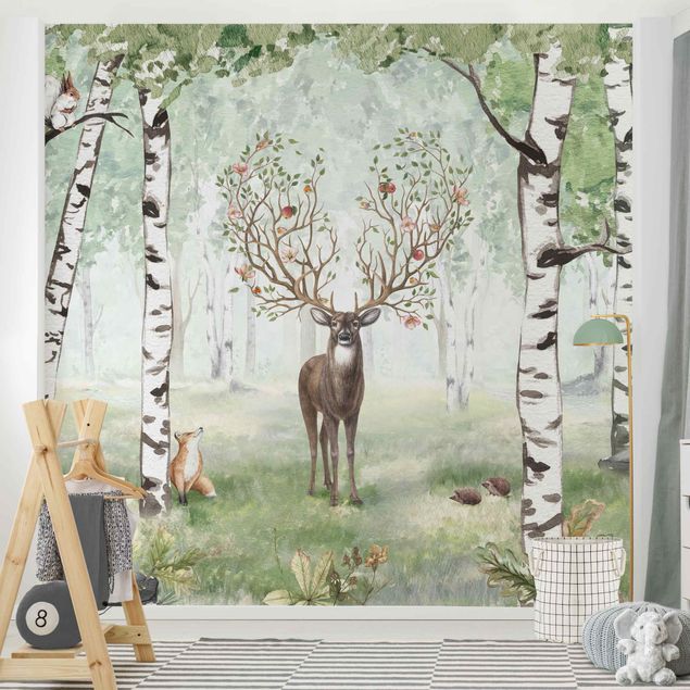 Nursery decoration Majestic deer in the birch forest