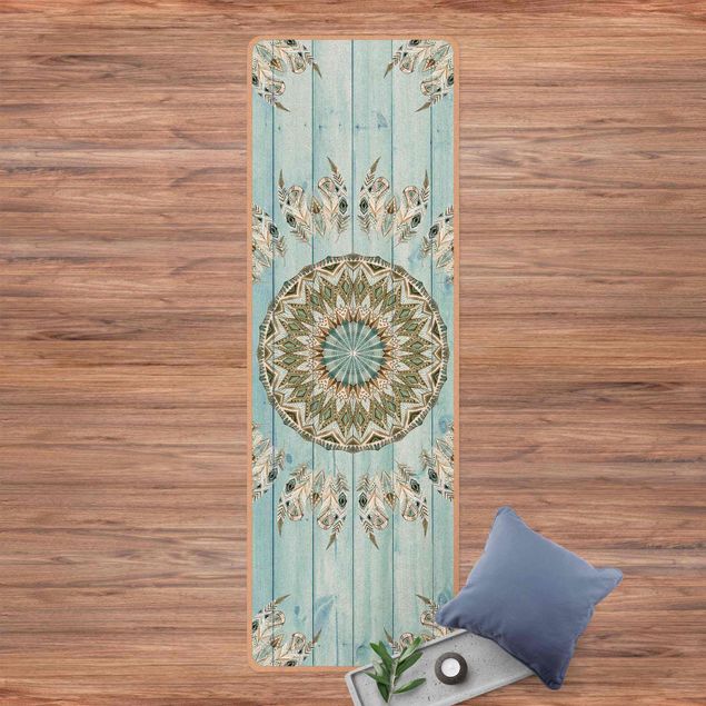 modern area rugs Mandala Watercolour Feathers Blue Green Wooden Boards
