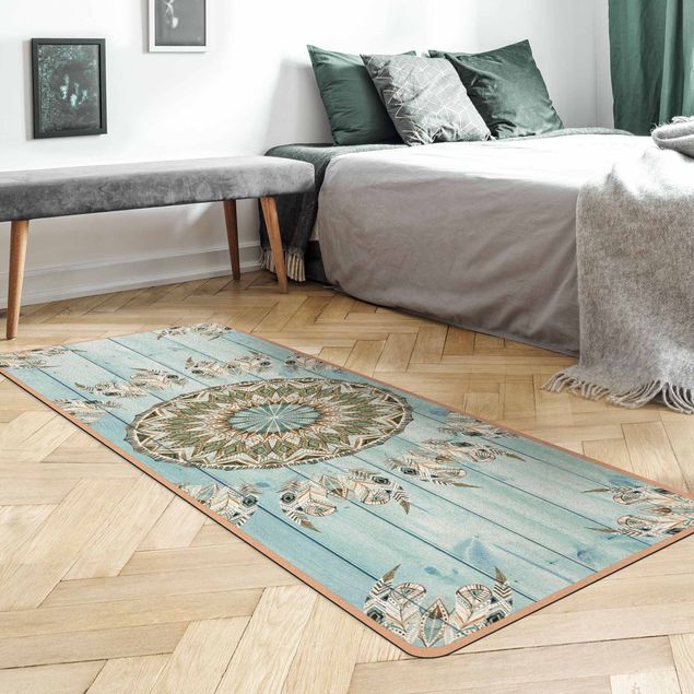 turquoise area rug Mandala Watercolour Feathers Blue Green Wooden Boards