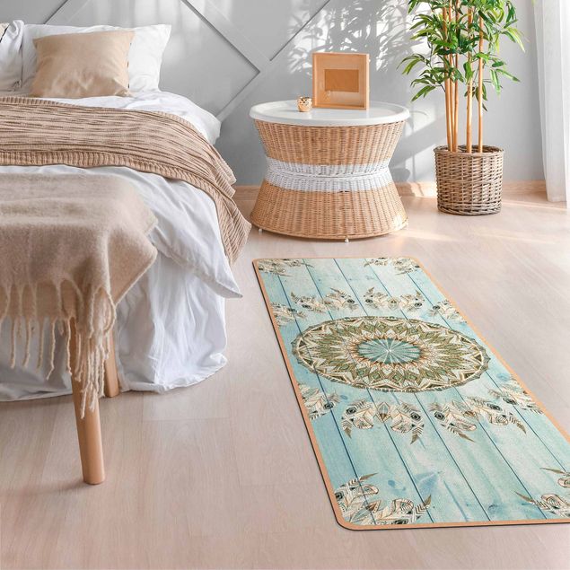 spiritual rugs Mandala Watercolour Feathers Blue Green Wooden Boards