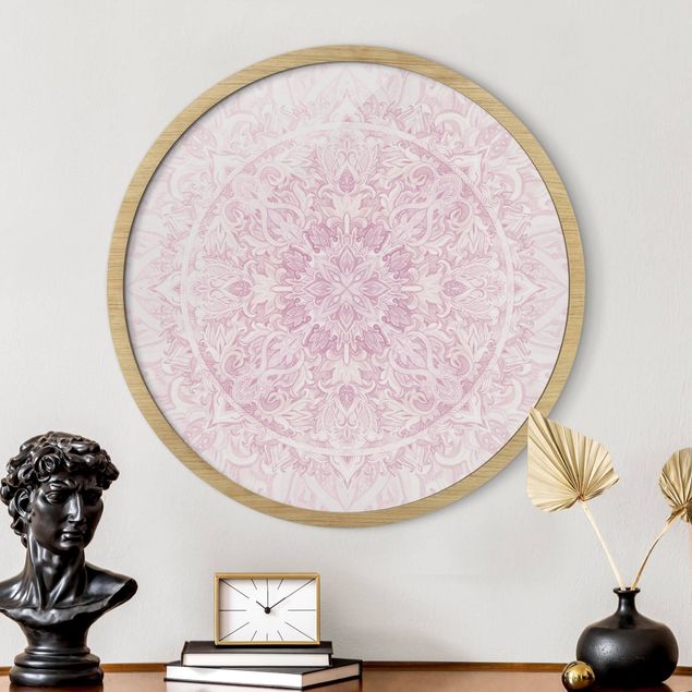 Framed prints round Mandala Watercolour Ornament Pink