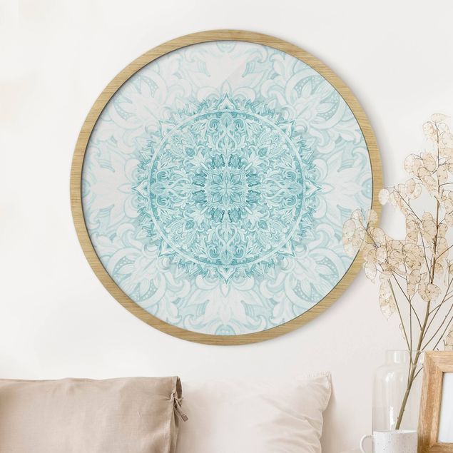 Framed prints round Mandala Watercolour Ornament Turquoise