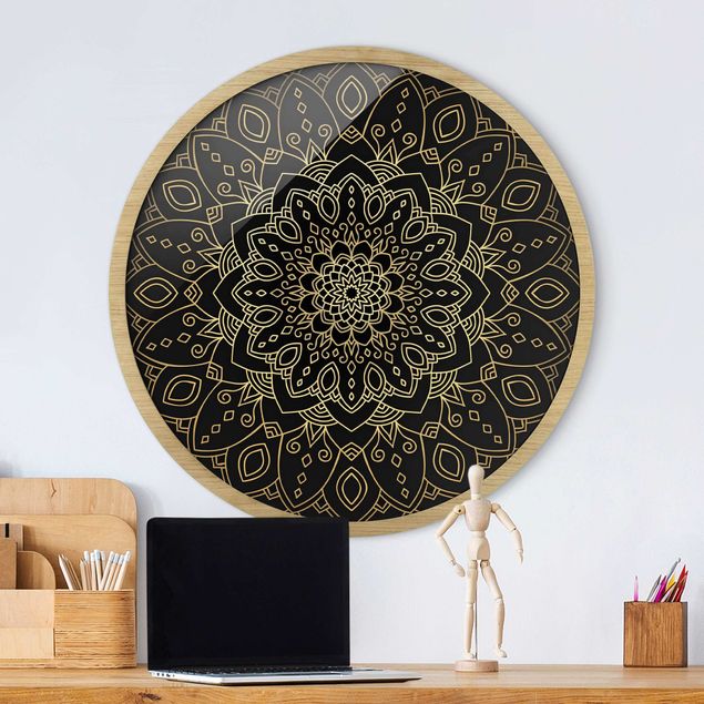Framed prints round Mandala Flower Pattern Gold Black
