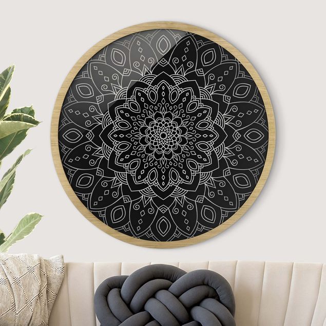 Framed prints round Mandala Flower Pattern Silver Black