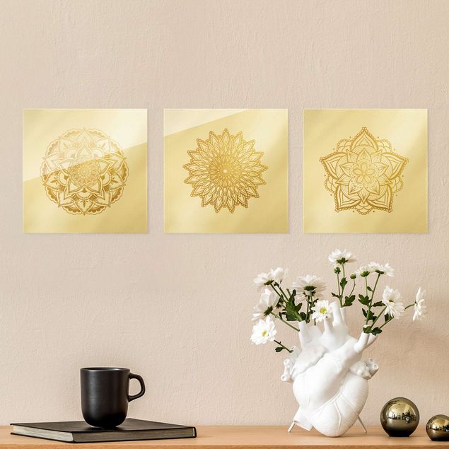 Glass prints spiritual Mandala Flower Sun Illustration Set Gold