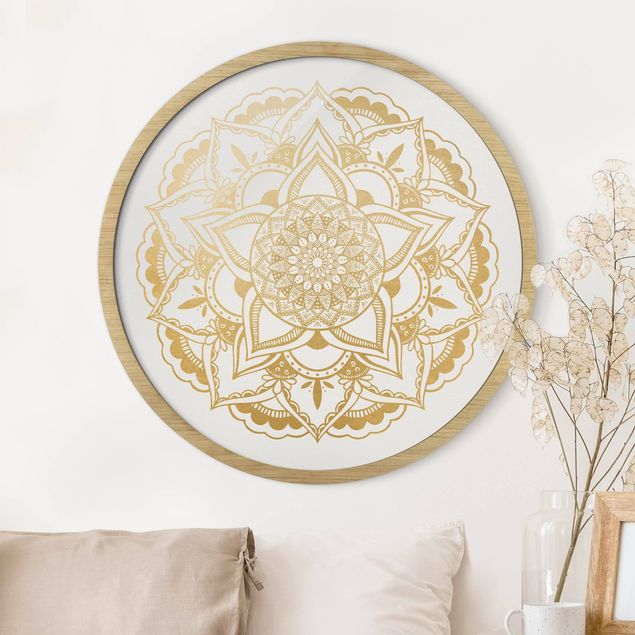 Framed prints round Mandala Flower Gold White