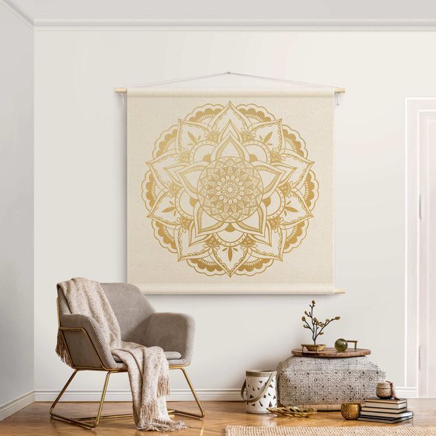 modern wall tapestry Mandala Flower Gold White