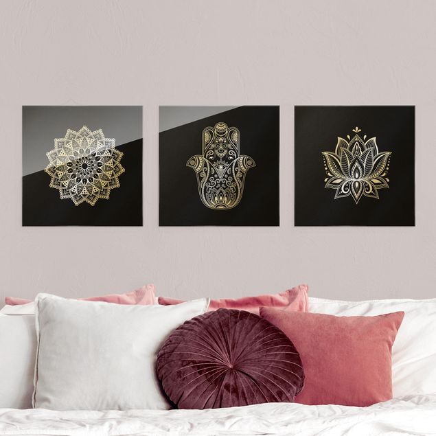 Glass prints spiritual Mandala Hamsa Hand Lotus Set On Black