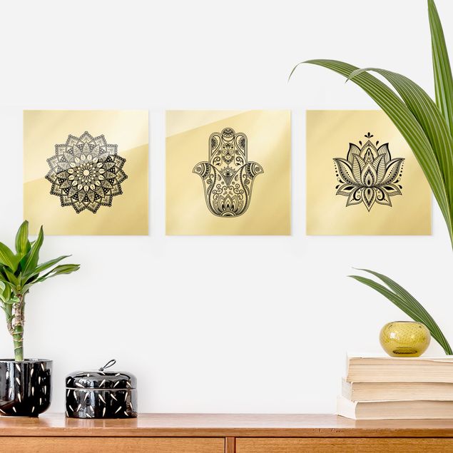 Glass prints spiritual Mandala Hamsa Hand Lotus Set On White