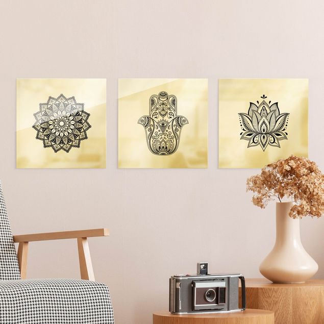 Prints mandala Mandala Hamsa Hand Lotus Set On White