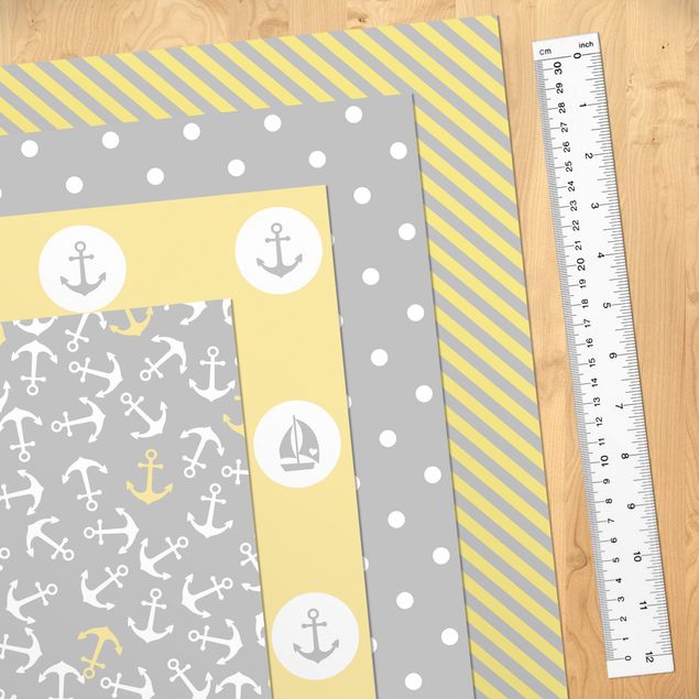 Adhesive films patterns Maritime Pattern Set Squares With Anchor, Stripes And Dots