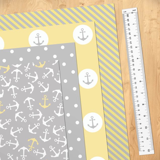Adhesive films patterns Maritime Pattern Set Stripes With Anchor, Stripes And Dots