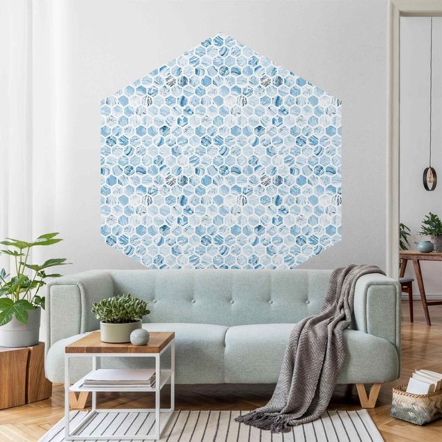 Geometric shapes wallpaper Marble Hexagons Blue Shades