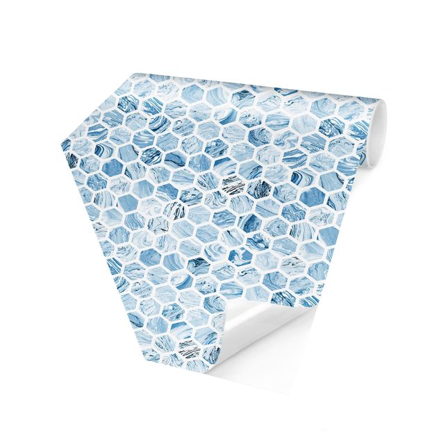 Contemporary wallpaper Marble Hexagons Blue Shades
