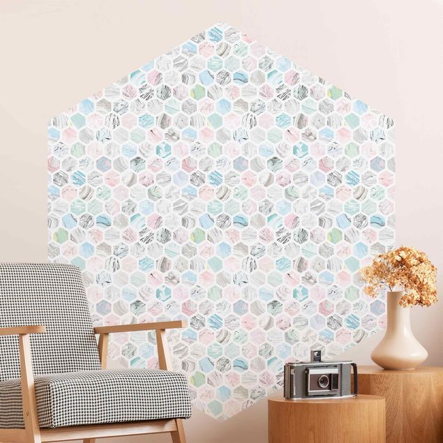 Kitchen Marble Hexagons Rose And Sea Blue