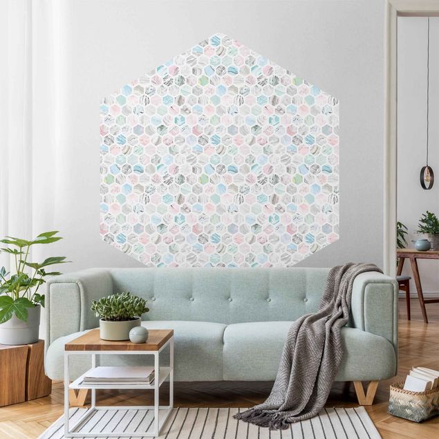Geometric pattern wallpaper Marble Hexagons Rose And Sea Blue