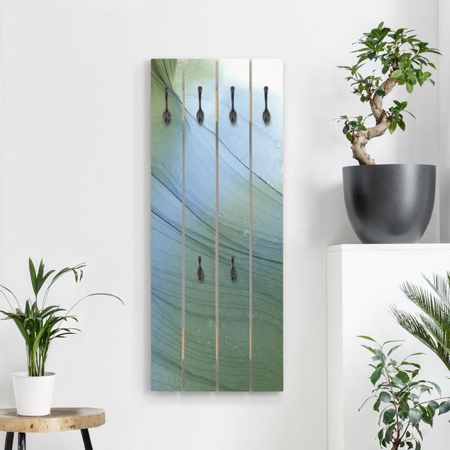 Wooden wall mounted coat rack Mottled Moss Green With Blue