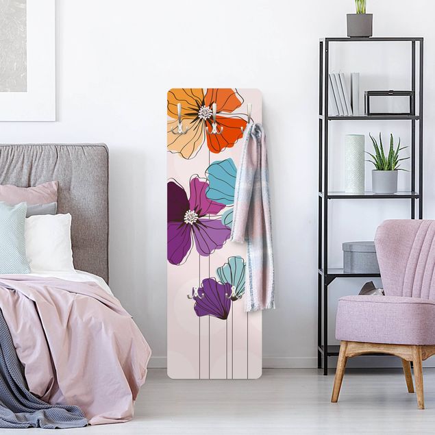Wall mounted coat rack multicoloured Poppies In Pastel