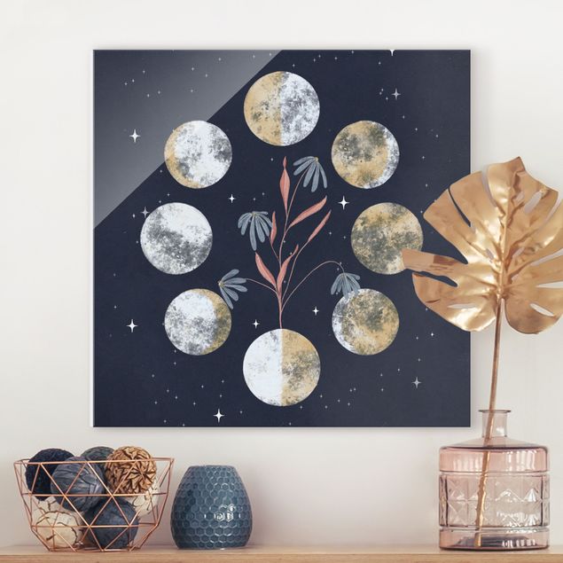 Glass prints spiritual Moon Phases and daisies