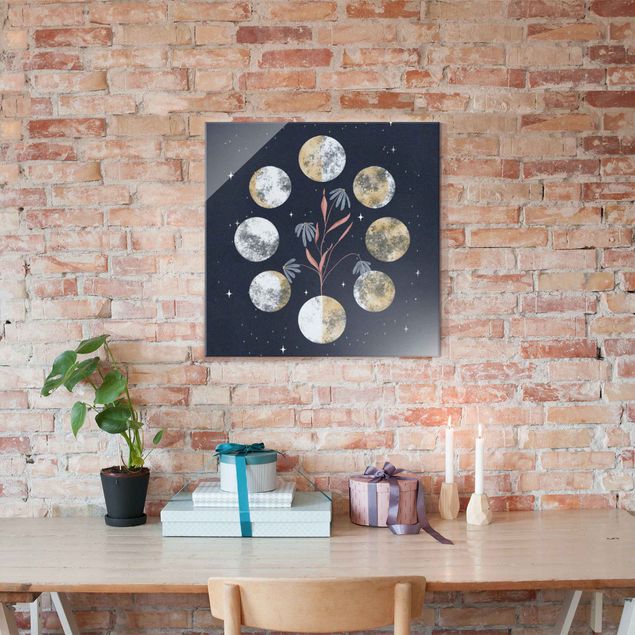 Contemporary art prints Moon Phases and daisies