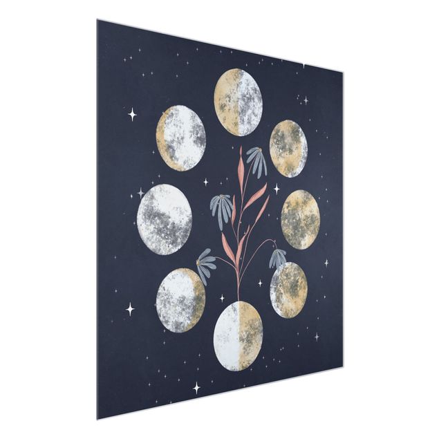 Navy blue wall art Moon Phases and daisies